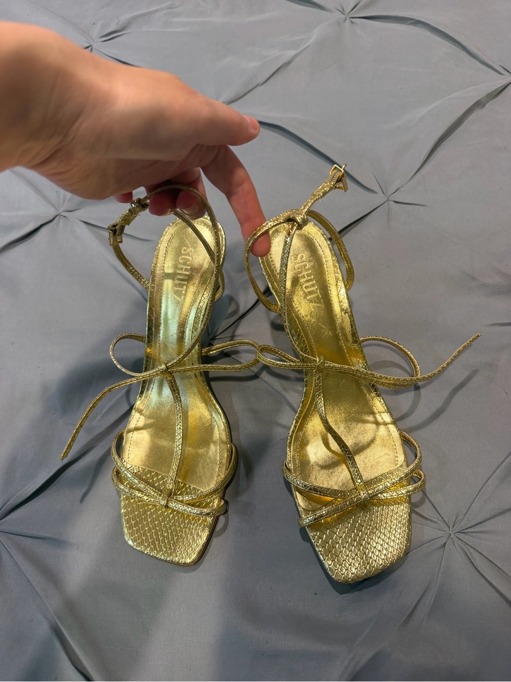SCHUTZ Metallic Gold Strappy Square-Toe Heels